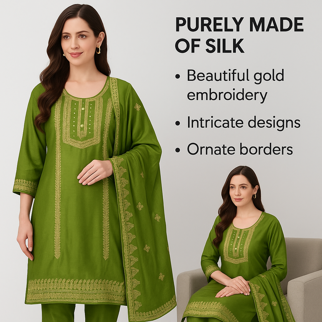 Women’s Pure Silk Green Salwar Kameez with Gold Embroidery & Dupatta – Elegant Traditional Indian Ethnic Wear