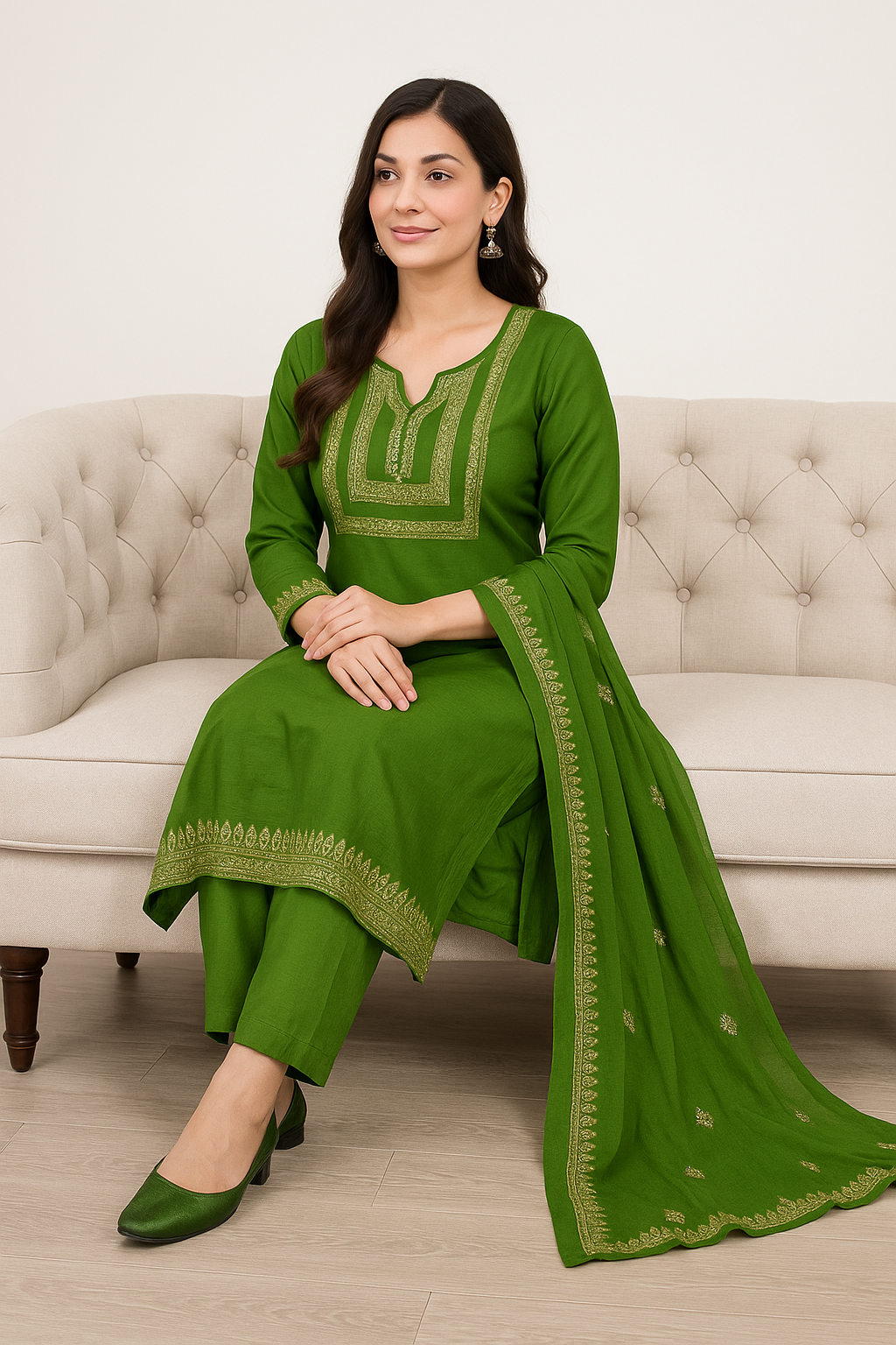 Women’s Pure Silk Green Salwar Kameez with Gold Embroidery & Dupatta – Elegant Traditional Indian Ethnic Wear
