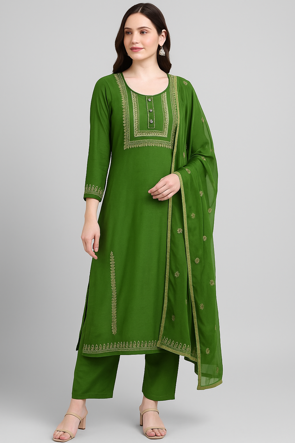 Women’s Pure Silk Green Salwar Kameez with Gold Embroidery & Dupatta – Elegant Traditional Indian Ethnic Wear