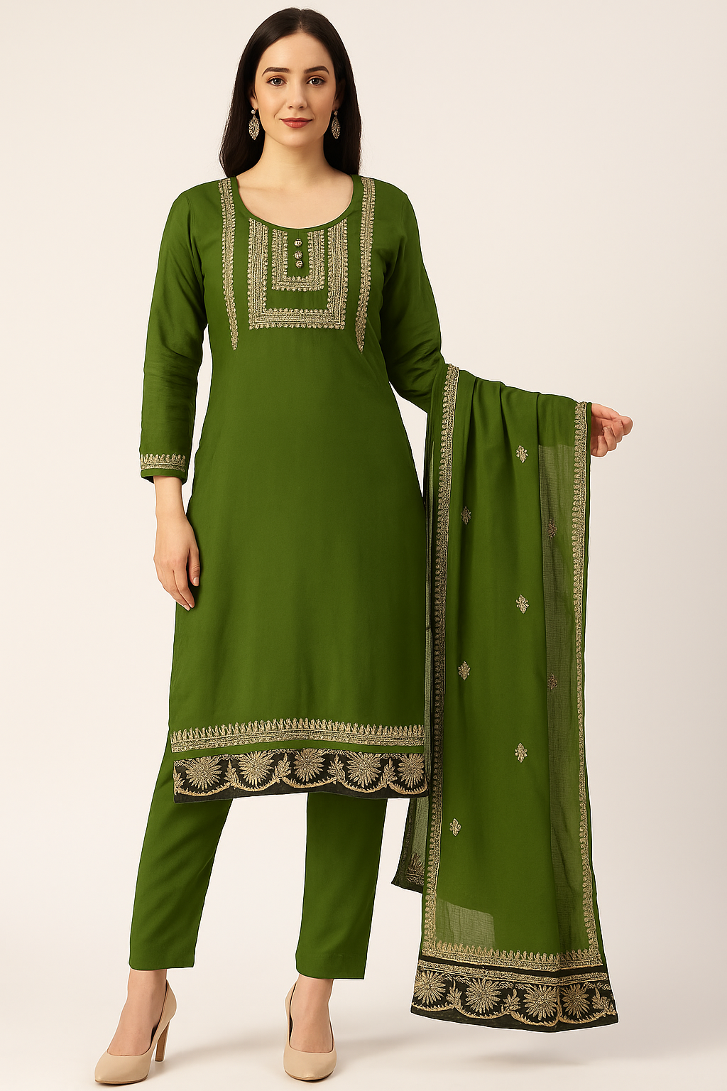 Women’s Pure Silk Green Salwar Kameez with Gold Embroidery & Dupatta – Elegant Traditional Indian Ethnic Wear