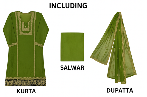 Women’s Pure Silk Green Salwar Kameez with Gold Embroidery & Dupatta – Elegant Traditional Indian Ethnic Wear